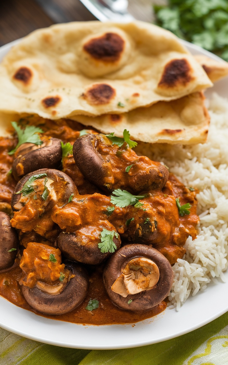 A bowl of masala mushrooms garnished with coriander, served with naan and rice.